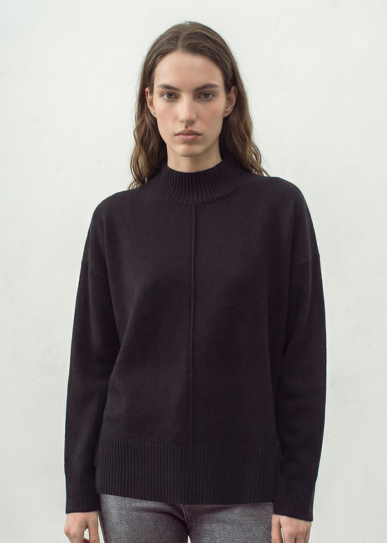 N.93 COL FUMÉE EN MÉLANGE DE CACHEMIRE AVEC MINI CÂBLE - NOIR