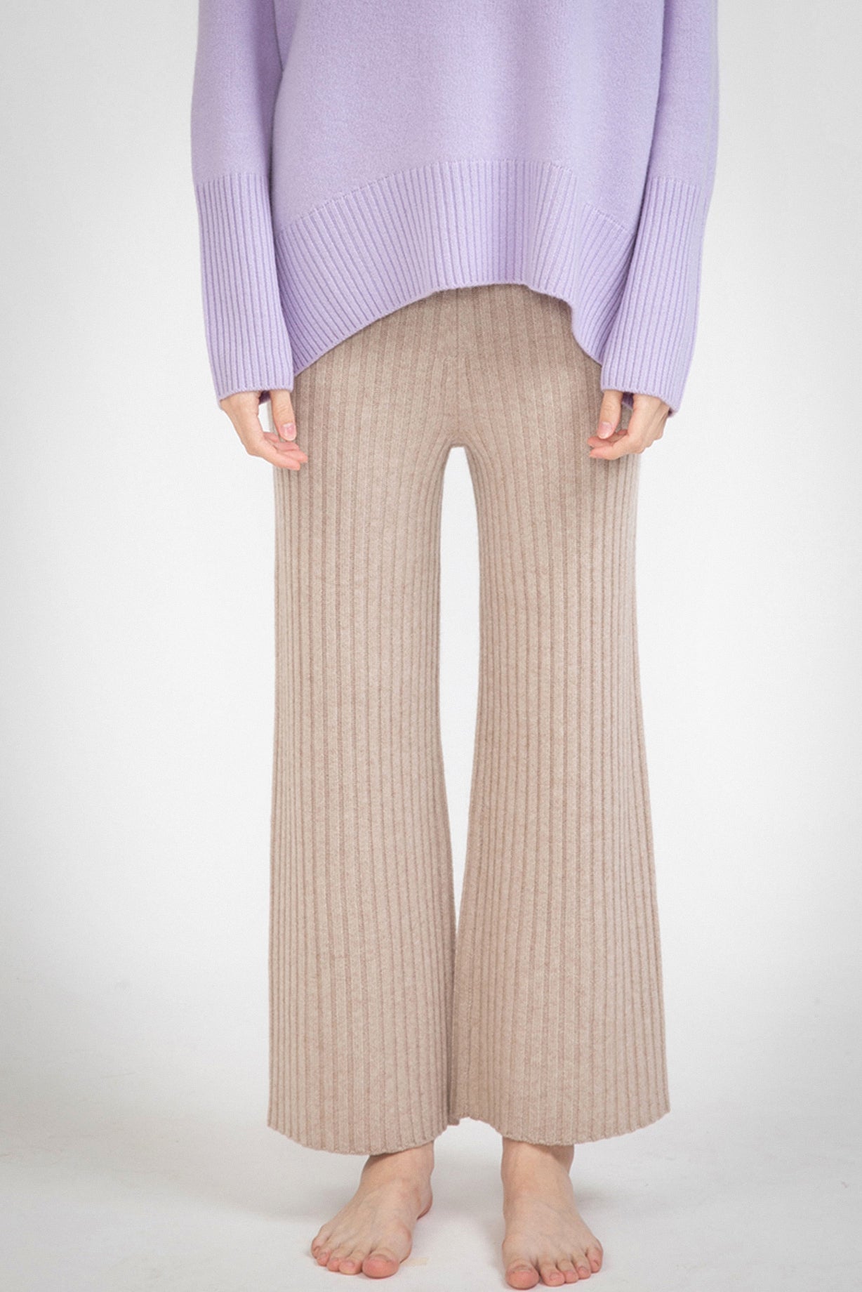 N.103 CASHMERE BLEND RIBBED BEIGE WIDE LEG PANT - CHAMPAGNE