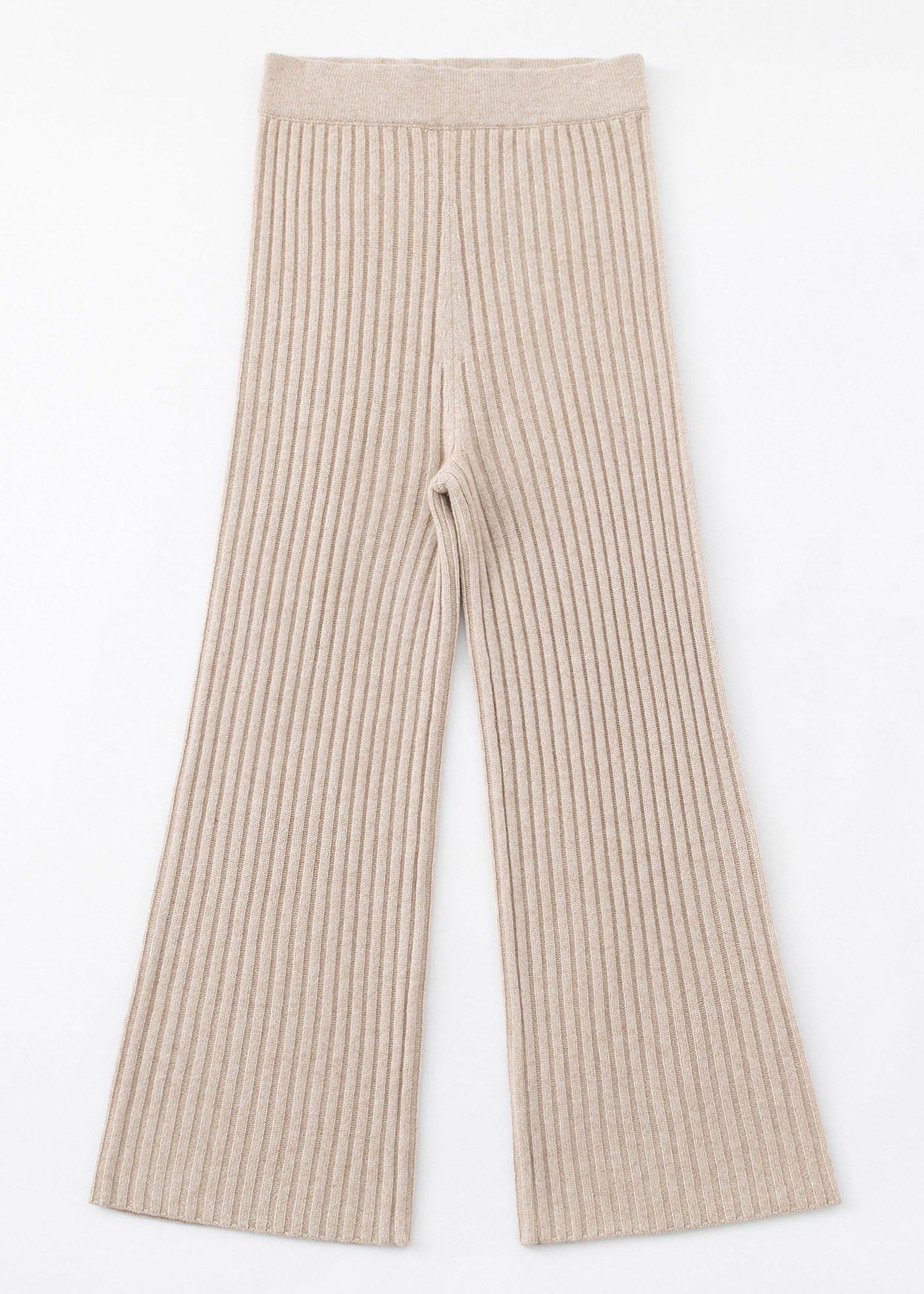 N.103 PANTALON JAMBE LARGE EN CACHEMIRE MÉLANGÉ BEIGE CÔTELÉ - CHAMPAGNE