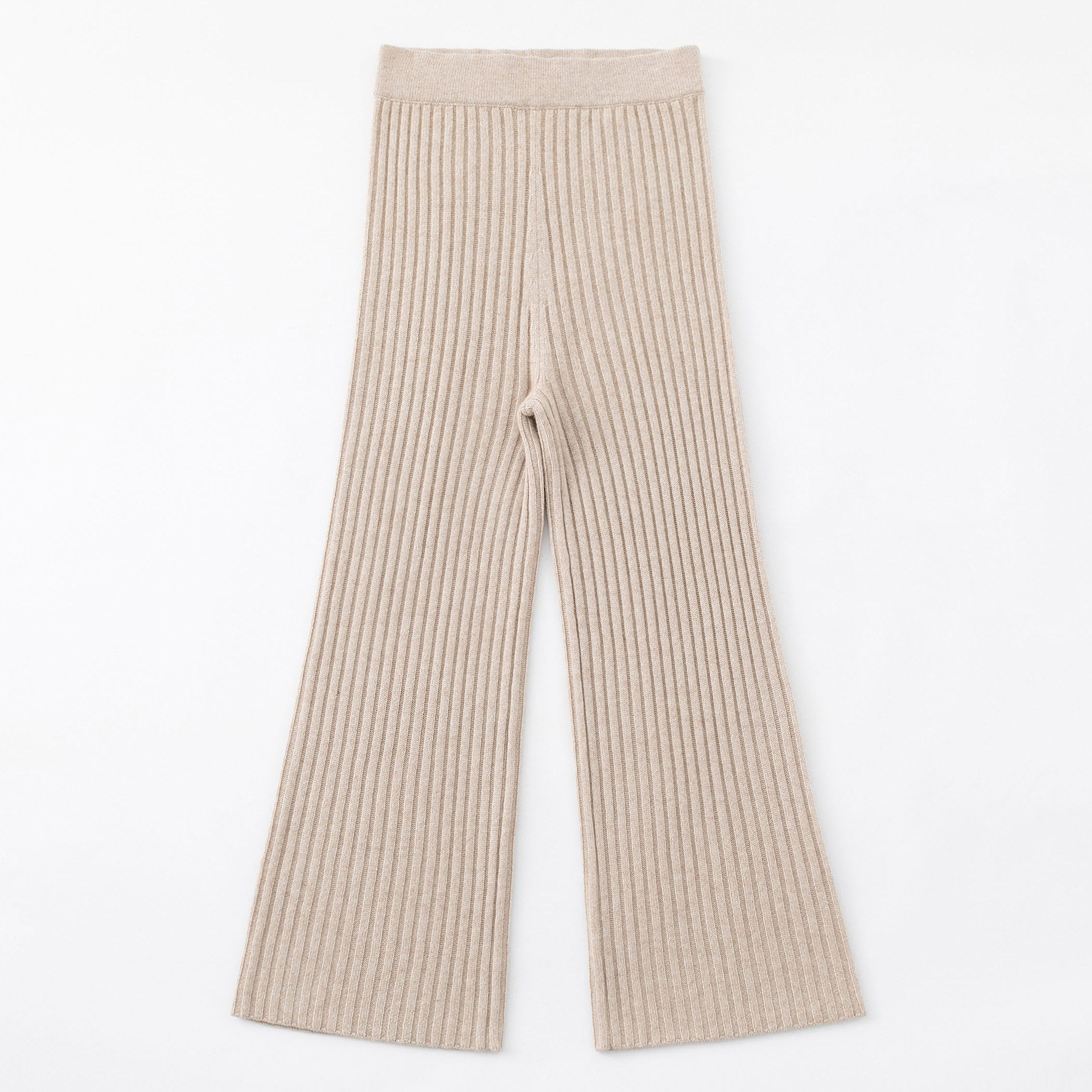 N.103 CASHMERE BLEND RIBBED BEIGE WIDE LEG PANT - CHAMPAGNE