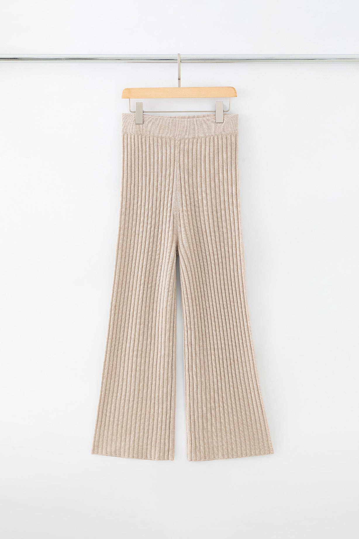 N.103 CASHMERE BLEND RIBBED BEIGE WIDE LEG PANT - CHAMPAGNE