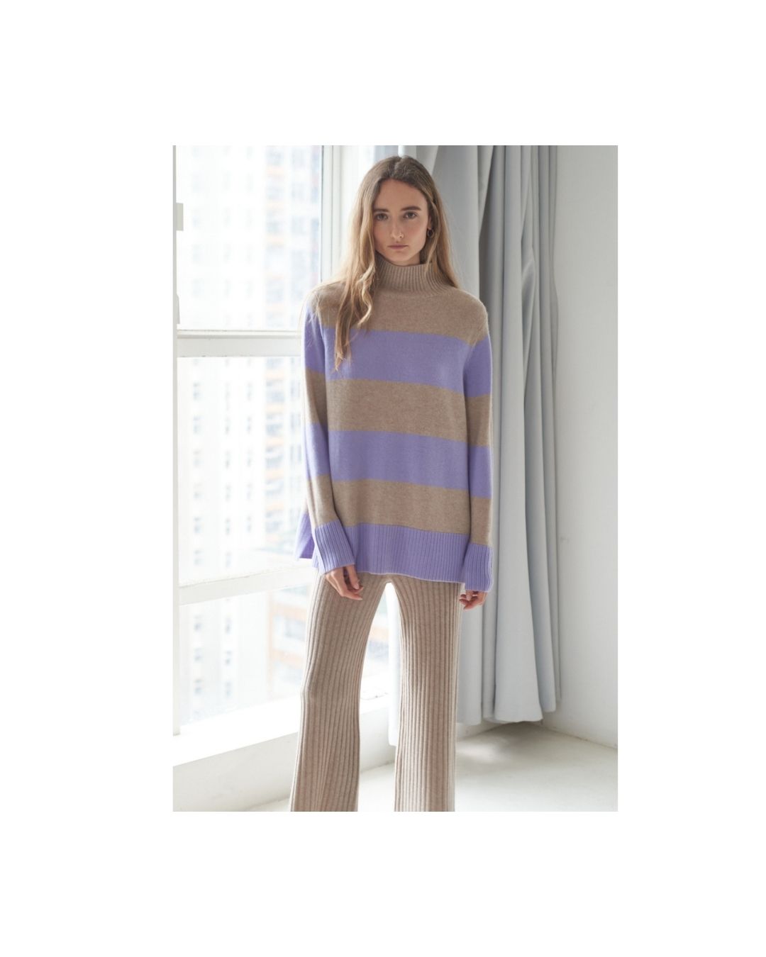 N.06 CASHMERE BLEND CHUNKY STRIPE POLO - CHAMPAGNE / IRIS - Only XS,L Left