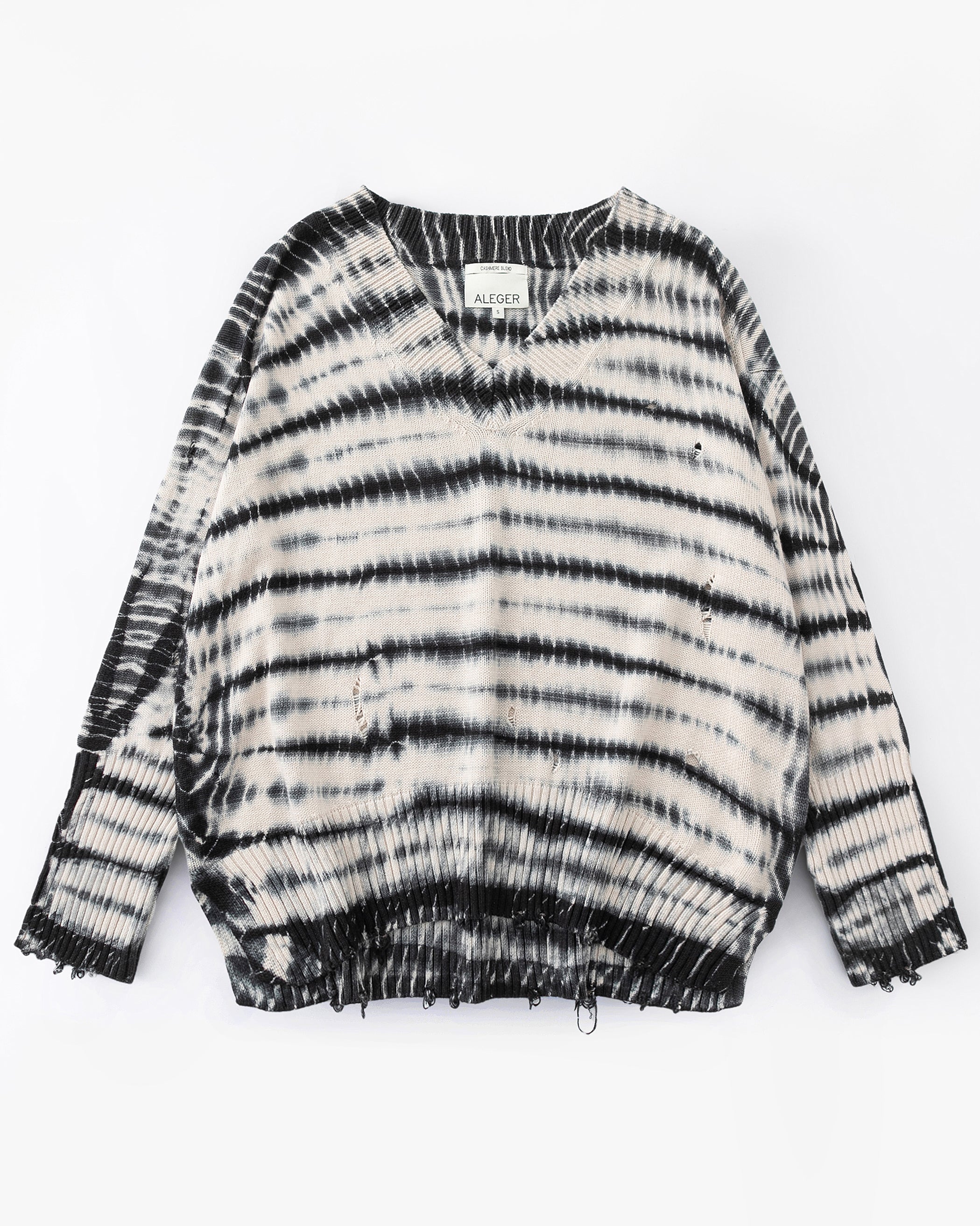 N.92 PIMA COTTON + CASHMERE ZEBRA TIE-DYE DISTRESSED OVERSIZED V NECK-ZEBRA