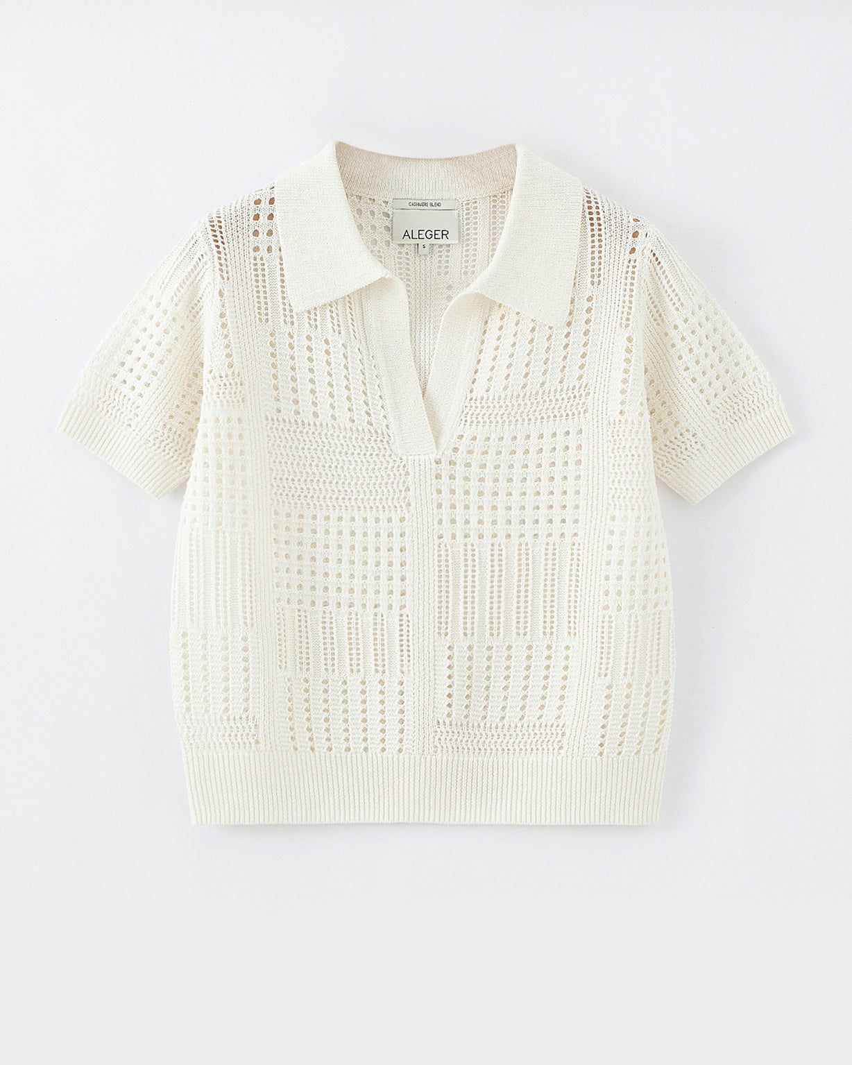 N.257-PAPER  + CASHMERE MULTI POINTELLE TOP WITH PLACKET AND COLLAR-IVORY