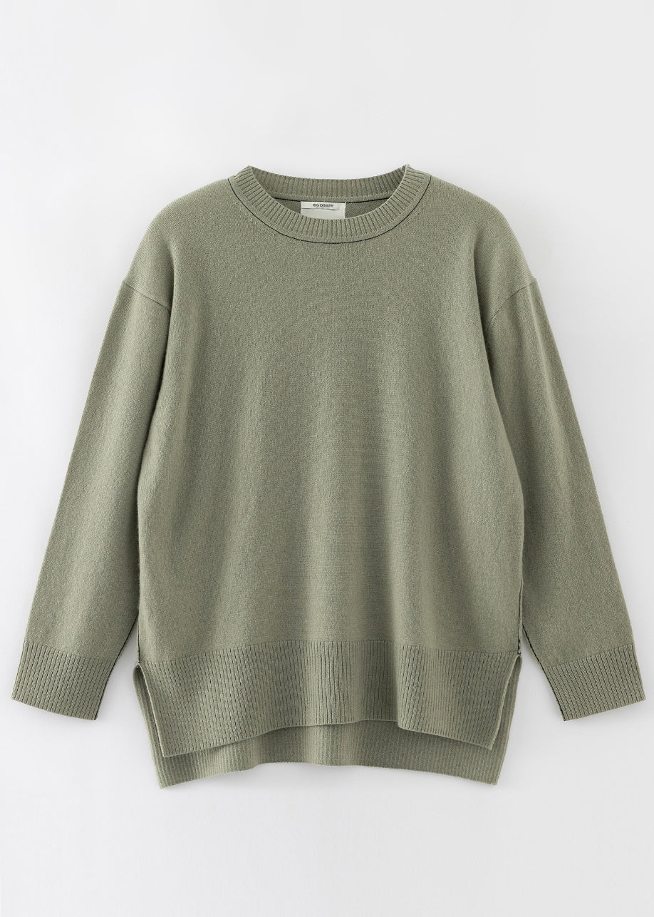 N.284 PURE CASHMERE OVERSIZED HIGH LOW CREW DARK MOSS