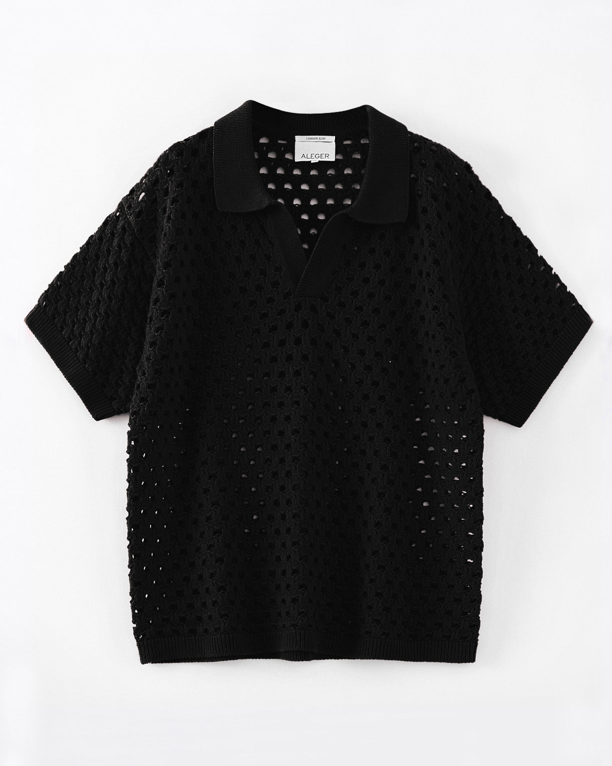 N.303 ORGANIC COTTON + CASHMERE OVERSIZED OPEN KNIT SS POLO-BLACK