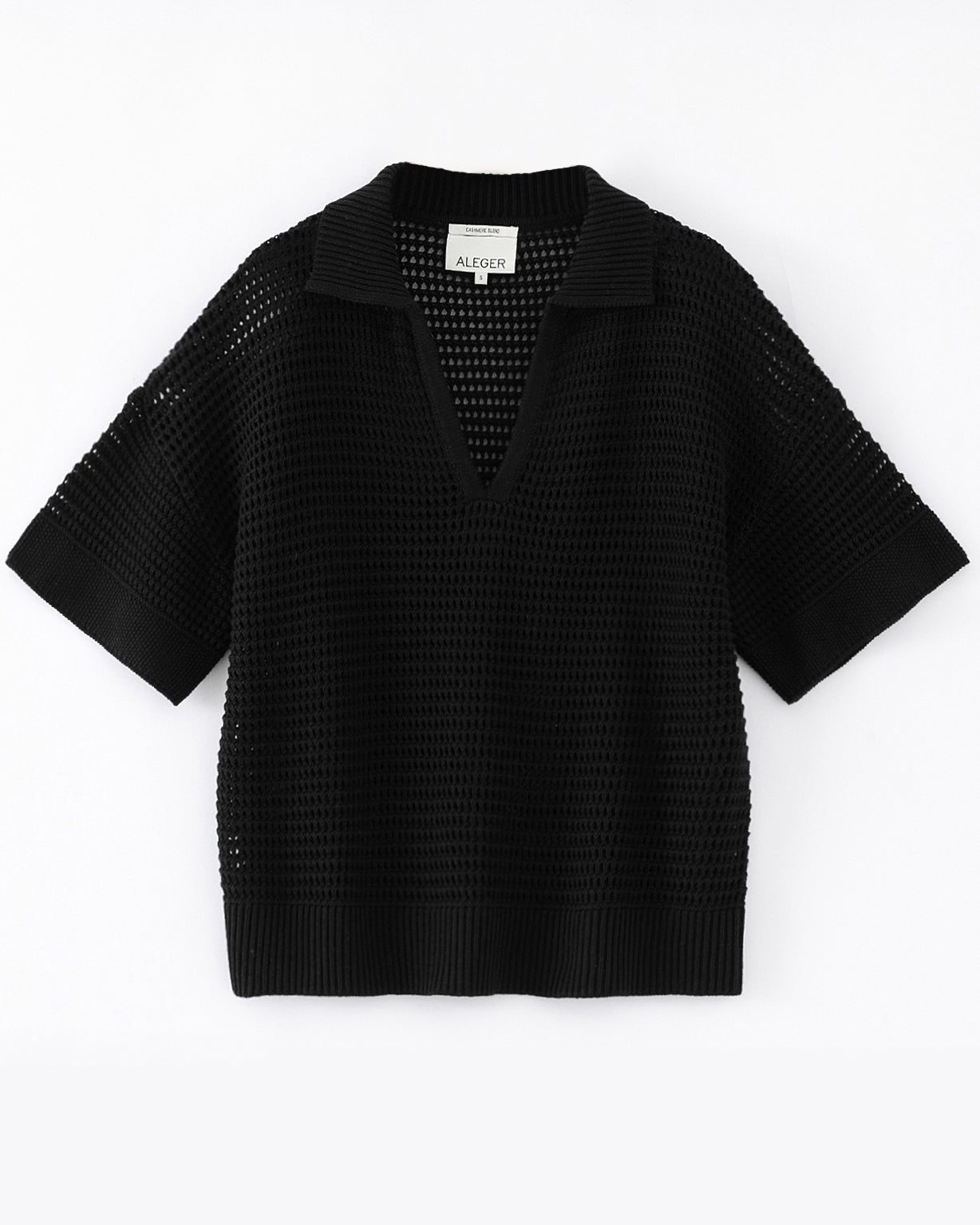 N.305 ORGANIC COTTON + CASHMERE OPEN KNIT POLO-BLACK