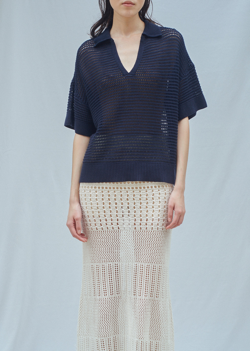 N.305 ORGANIC COTTON + CASHMERE OPEN KNIT POLO-NAVY