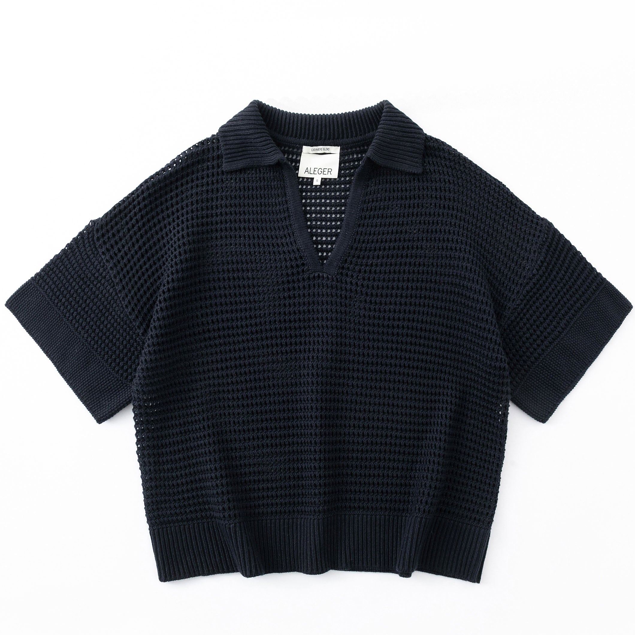 N.305 ORGANIC COTTON + CASHMERE OPEN KNIT POLO-NAVY