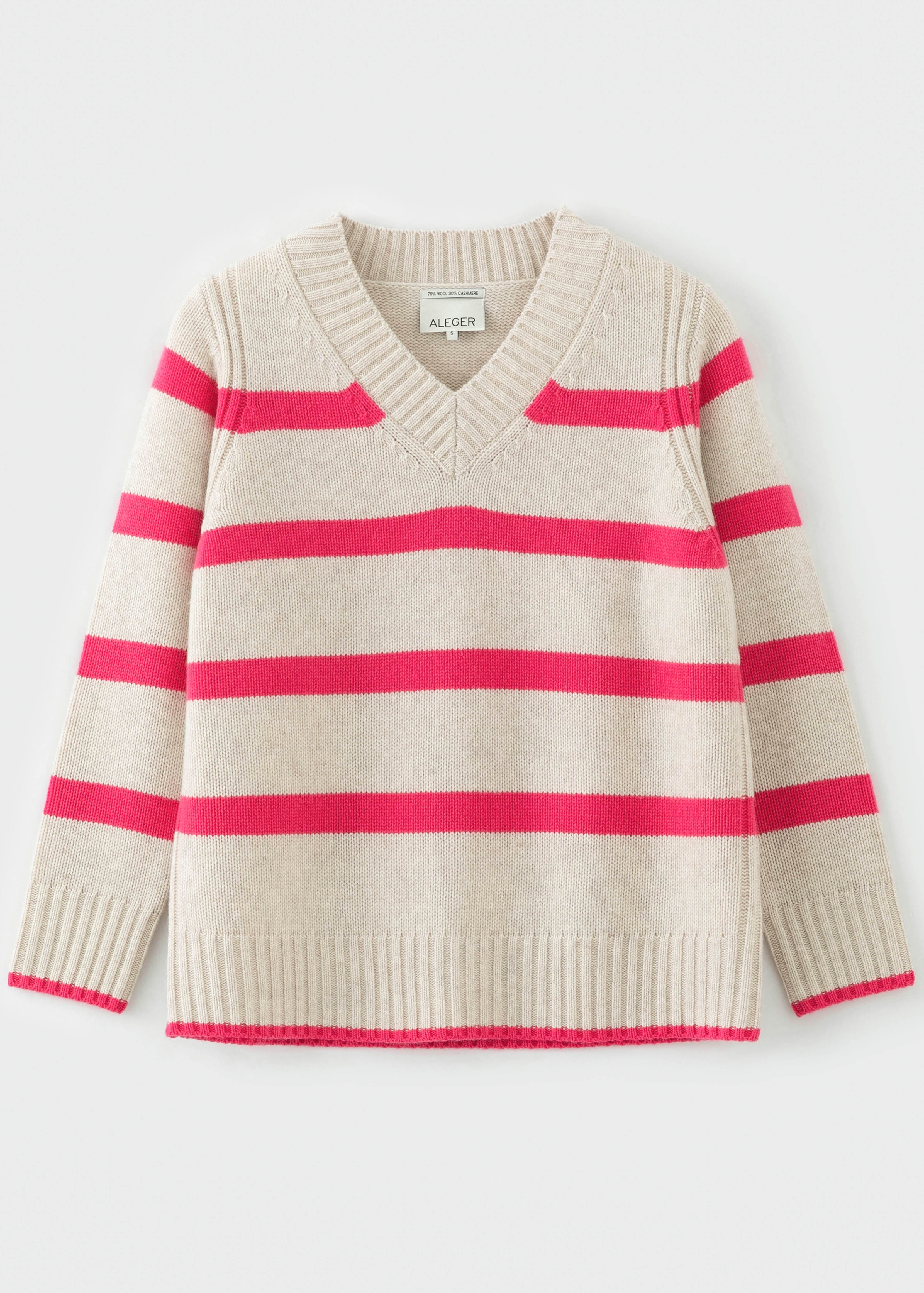 N.327 CASHMERE BLEND STRIPE V-NECK PINK-FLASH