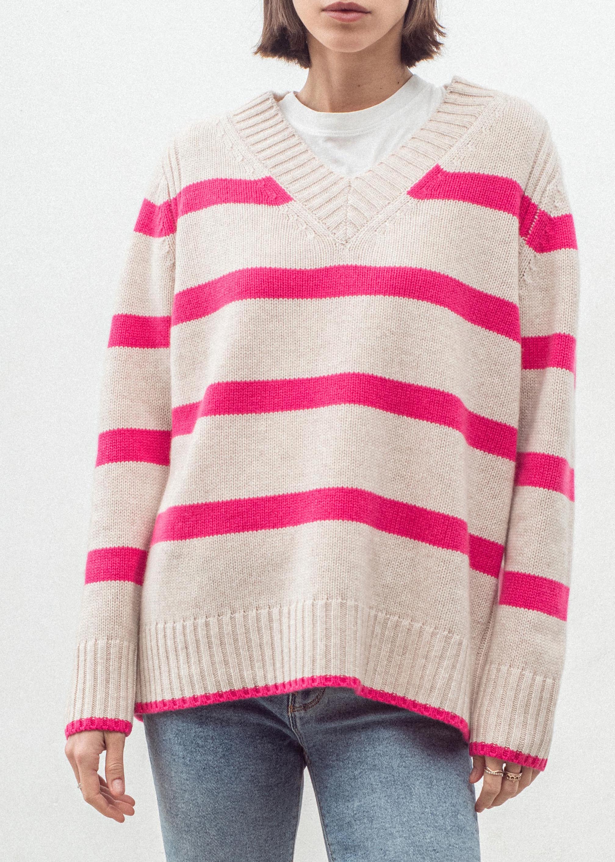 N.327 CASHMERE BLEND STRIPE V-NECK PINK-FLASH