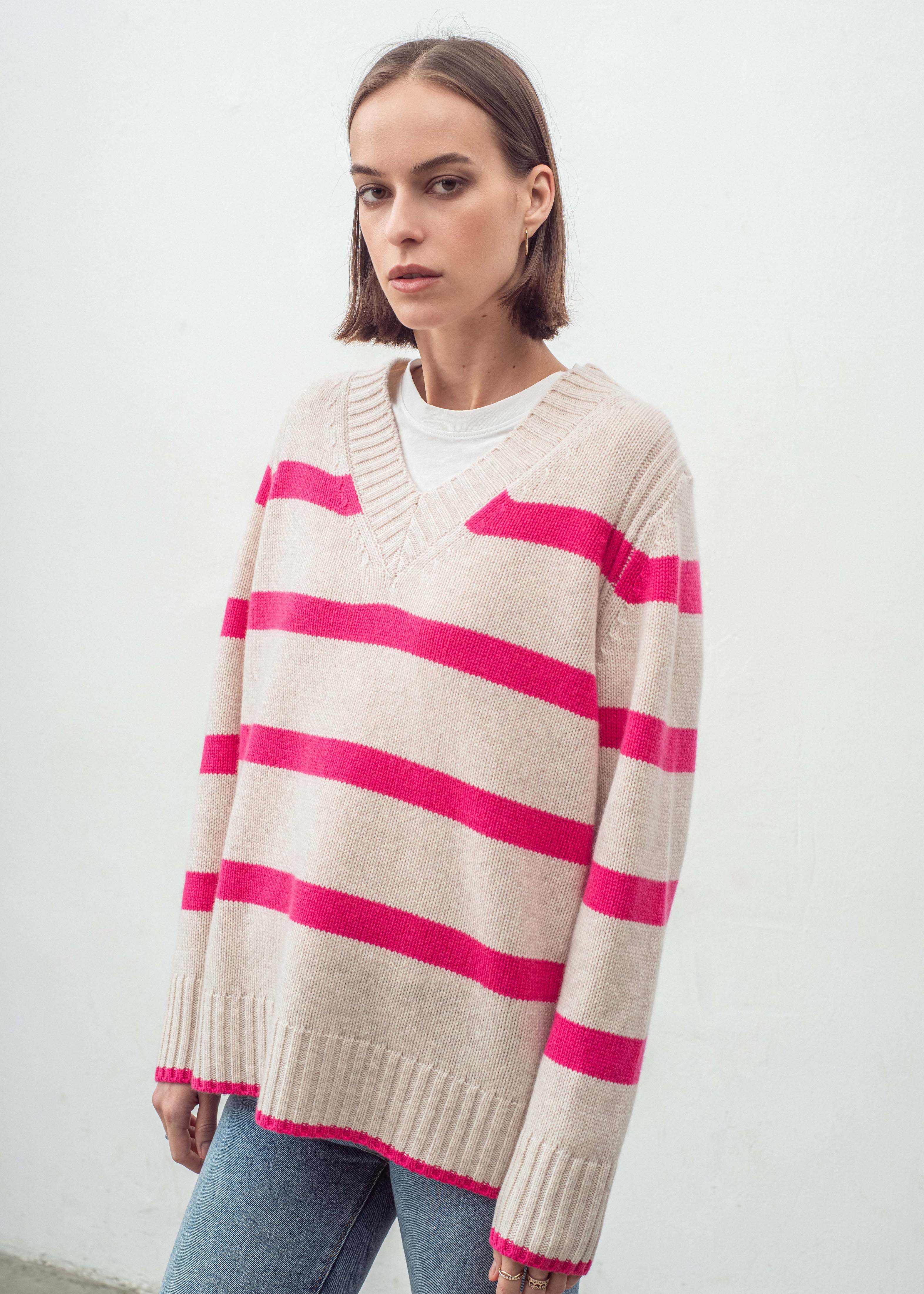 N.327 CASHMERE BLEND STRIPE V-NECK PINK-FLASH