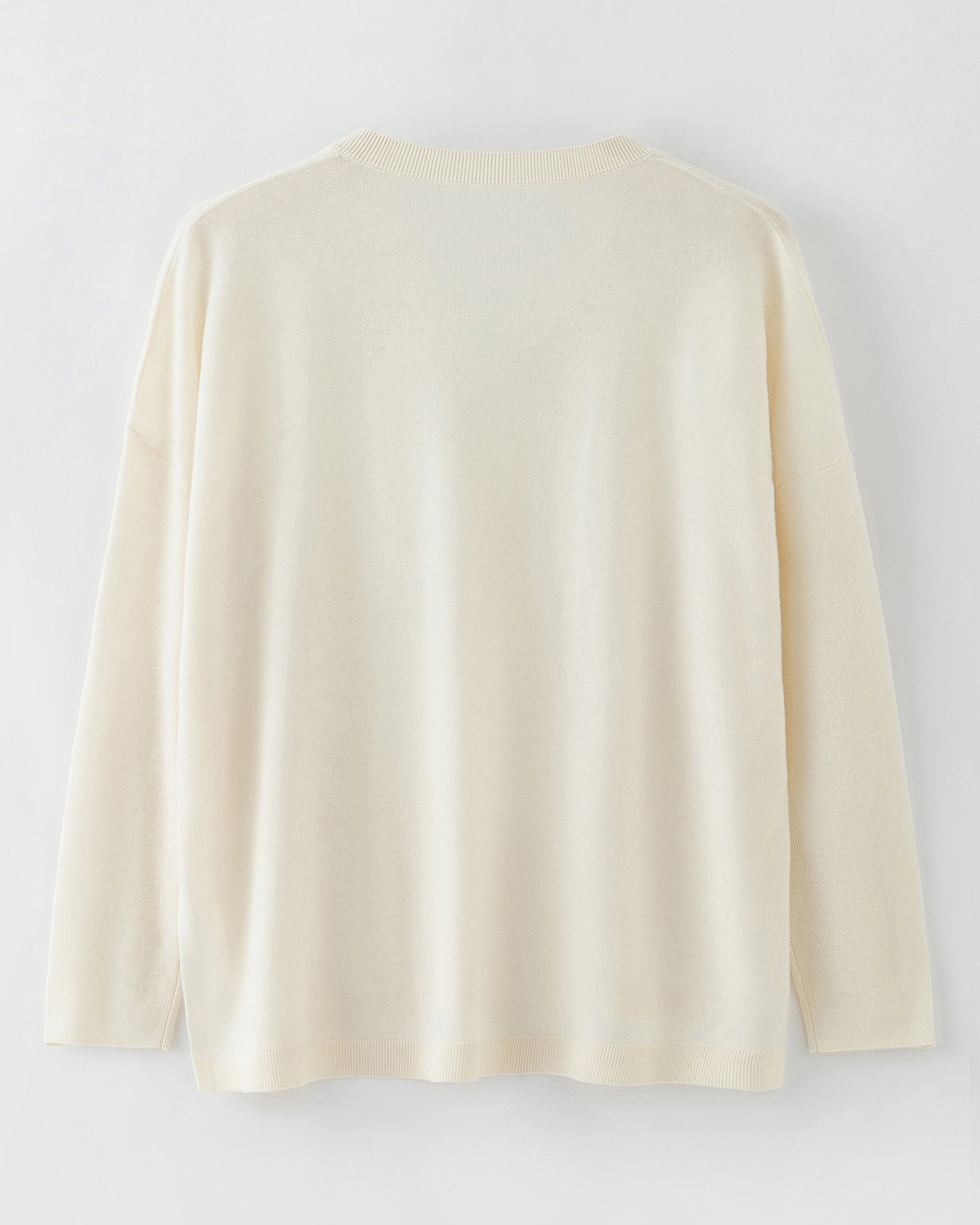 PULL EN MAILLE FIN COL V BAS N.69 - BLANC PERLE 