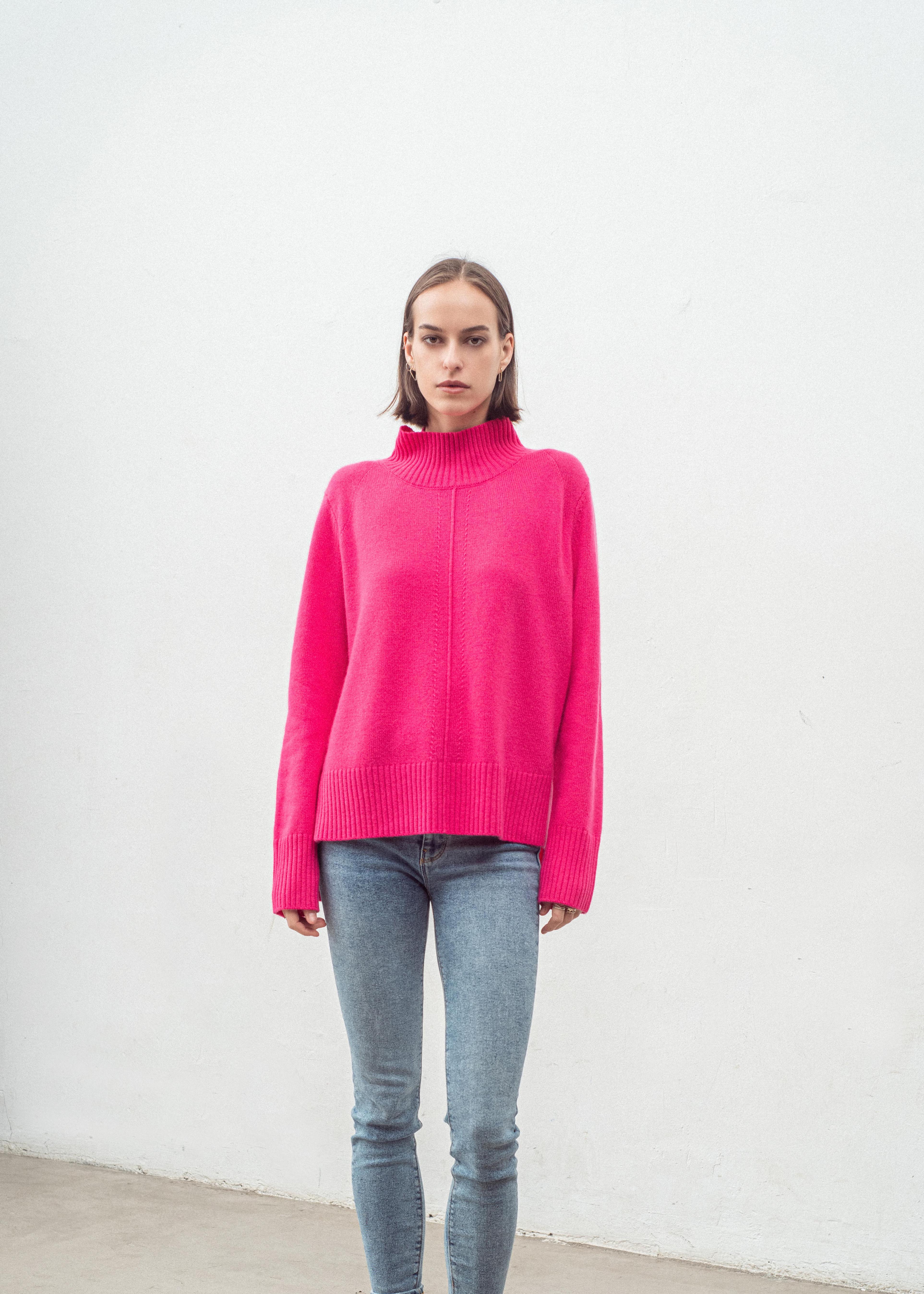 N.93 CASHMERE BLEND MINI DETAIL FUNNEL NECK PINK FLASH